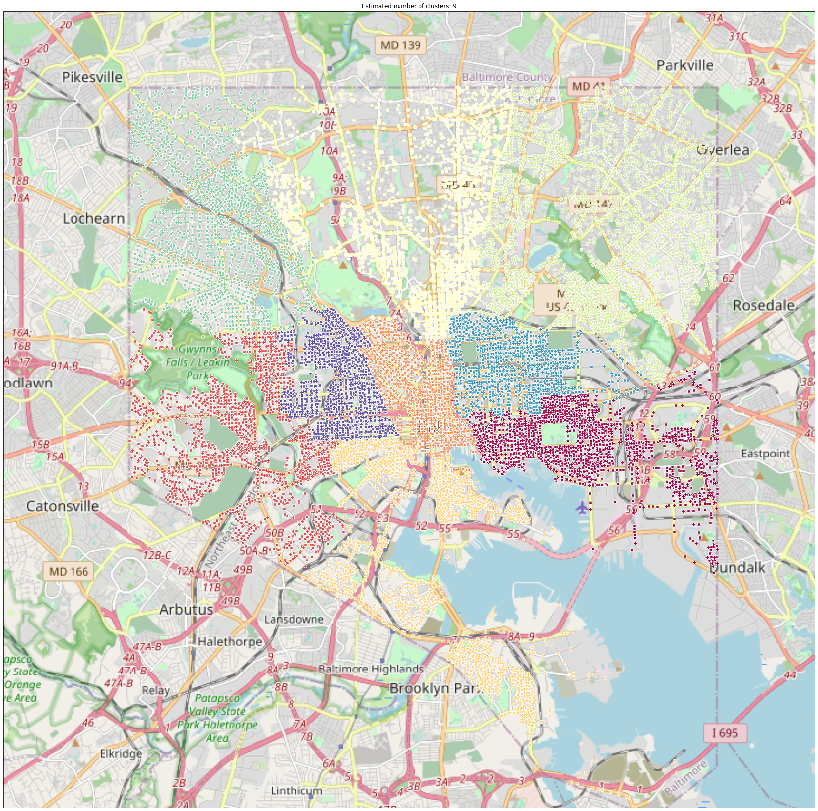 crime locations clustered by police district