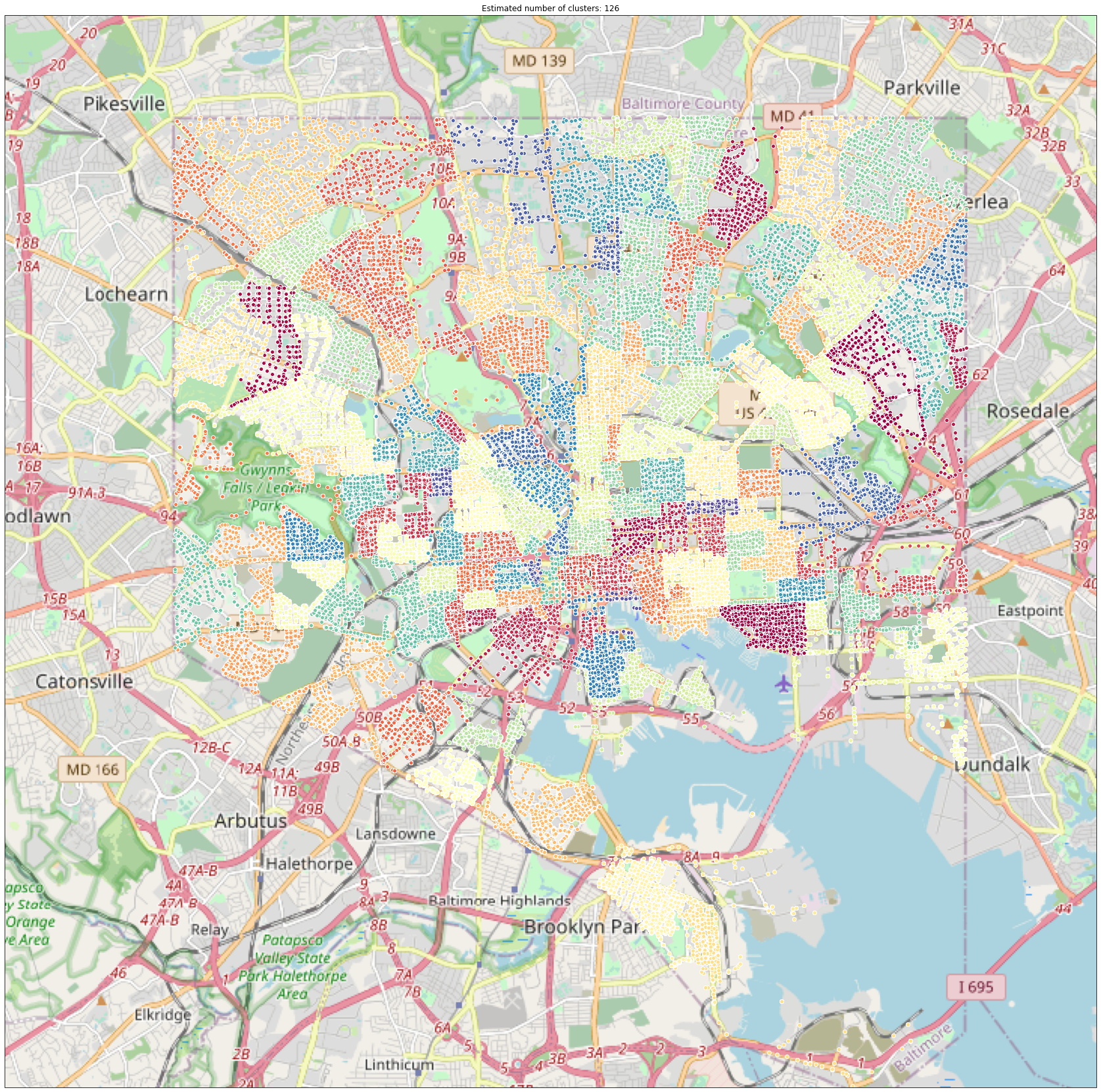 crime data clustered based on latitude, longitude, and post